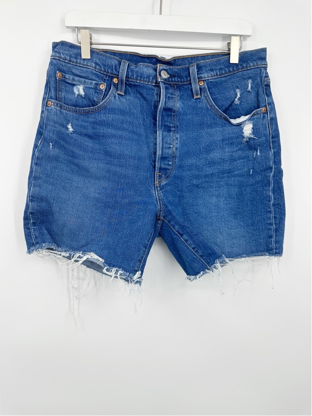 Levi's 501 Denim Button Fly High Distressed Waisted Shorts Size 32 Boho